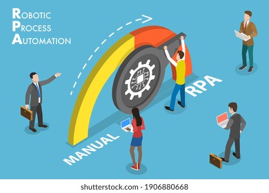 3D Isometric Flat Vector Conceptual Illustration of RPA - Robotic Process Automation, Improving Productivity of Business Processes.