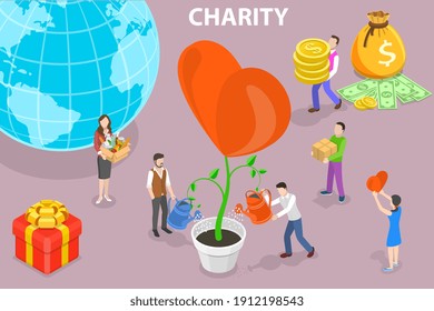 3D Isometric Flat Vector Conceptual Illustration of Charity Help Campaign, Assistance and Volunteering.