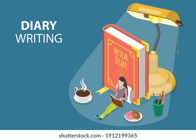 3D Isometric Flat Vector Conceptual Illustration of Diary of a Girl, Teenager is Writing to a Journal.