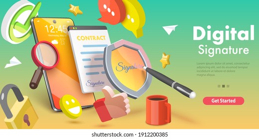 3D Isometric Flat Vector Conceptual Illustration Of Digital Signature, Electronic Contract, Signing An Agreement Online.