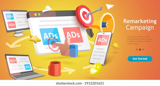 3D Isometric Flat Vector Conceptual Illustration of Marketing Retargeting, Behavioural Remarketing, Digital Promotion Campaign.