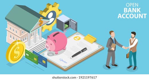 3D Isometric Flat Vector Conceptual Illustration Of Open Bank Account, Financial Services.