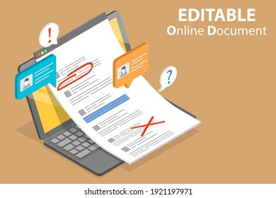 3D Isometric Flat Vector Conceptual Illustration of Editable Online Document, Text Editing Together.