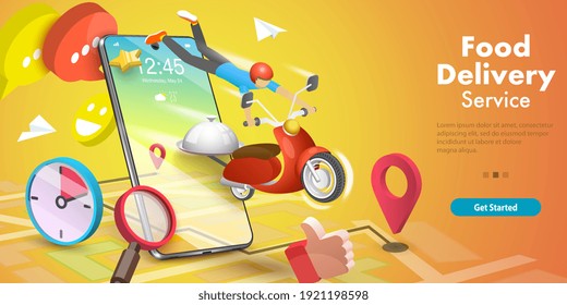3D Isometric Flat Vector Conceptual Illustration of Restaurant and Cafe Online Food Ordering Mobile Service, Takeaway Food Online.