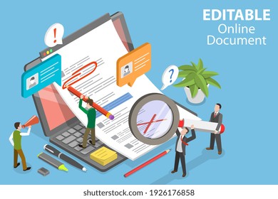 3D Isometric Flat Vector Conceptual Illustration of Editable Online Document, Text Editing Together.