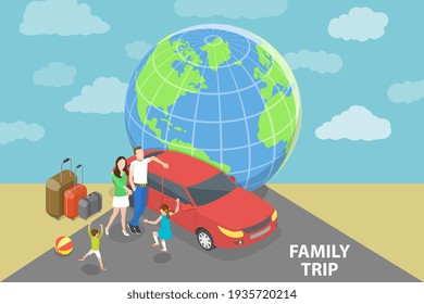 3D Isometric Flat Vector Conceptual Illustration of Car Family Trip.