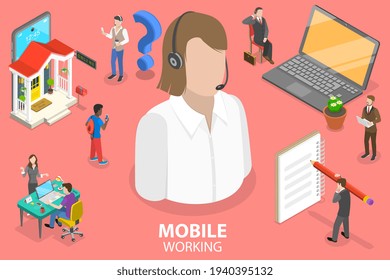 3D Isometric Flat Vector Conceptual Illustration of Mobile Working, Online Job.