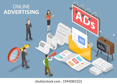 3D Isometric Flat Vector Conceptual Illustration of Offline Advertising.