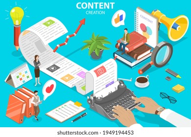 3D Isometric Flat Vector Conceptual Illustration of Engaging Content Creating.