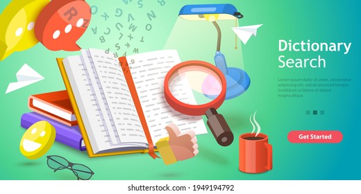 3D Isometric Flat Vector Conceptual Illustration of Dictionary Search.