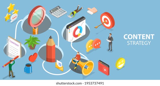 3D Isometric Flat Vector Conceptual Illustration of Digital Content Strategy.