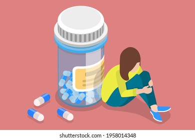 3D Isometric Flat Vector Conceptual Illustration of Painkiller Addiction.