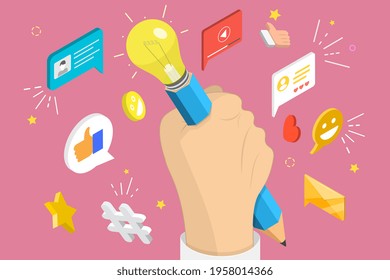 3D Isometric Flat Vector Conceptual Illustration of Creative Content Writing.