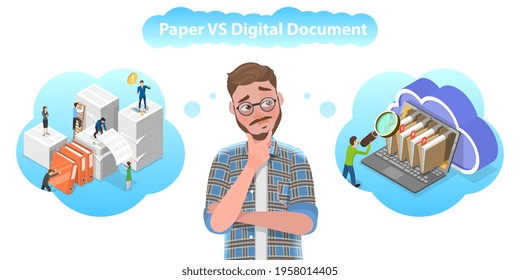 3D Isometric Flat Vector Conceptual Illustration Of Paper VS Digital Documents.