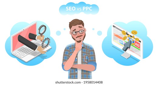 3D Isometric Flat Vector Conceptual Illustration of SEO vs PPC.