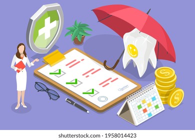 3D Isometric Flat Vector Conceptual Illustration of Dental Insurance Policy.