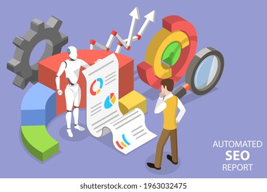 3D Isometric Flat Vector Conceptual Illustration of Automated Seo Report.