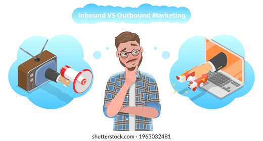 3D Isometric Flat Vector Conceptual Illustration of Inbound vs Outbound Marketing.