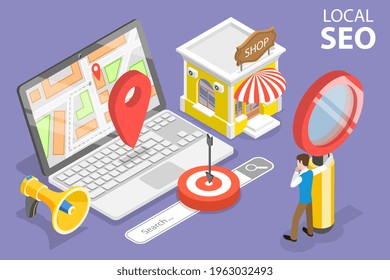 3D Isometric Flat Vector Conceptual Illustration of Local SEO Marketing Strategy