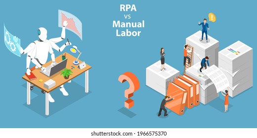 3D Isometric Flat Vector Conceptual Illustration of RPA vs Manual Labor