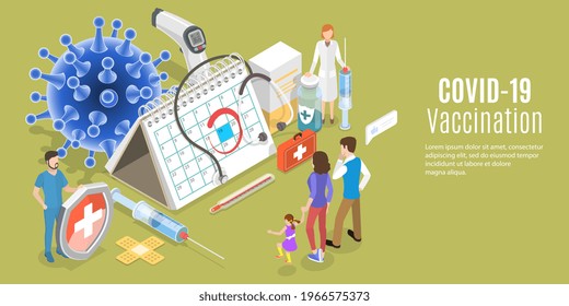 3D Isometric Flat Vector Conceptual Illustration of Covid-19 Vaccination Program