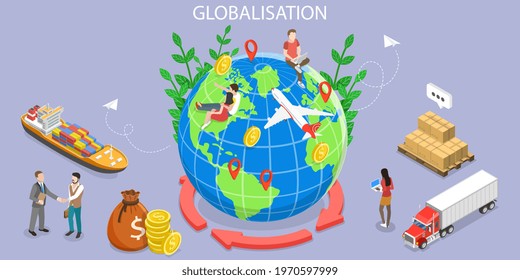 3D Isometric Flat Vector Conceptual Illustration of International Trade, Globalization and Economic Interdependence, International Business Network Relationships