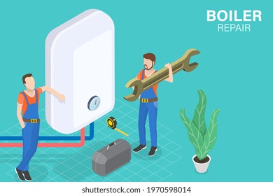 3D Isometric Flat Vector Conceptual Illustration of Boiler Repair, Heating System Installation