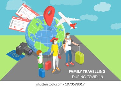 3D Isometric Flat Vector Conceptual Illustration of Family Travelling During COVID-19, Wearing Face Mask