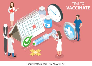 3D Isometric Flat Vector Conceptual Illustration of Time to Vaccinate, Covid-19 Vaccination Program, Coronavirus Immunization Plan