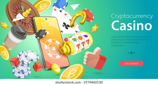 3D Isometric Flat Vector Conceptual Illustration of Cryptocurrency Casino, Online Gambling Platform for Live Poker, Roulette, Slot Machine and Dices.