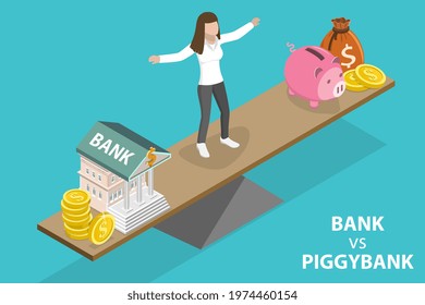 3D Isometric Flat Vector Conceptual Illustration of Choosing Between Bank Accont and Piggybank