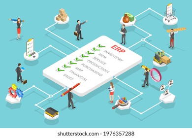 3D Isometric Flat Vector Conceptual Illustration of ERP - Enterprise Resource Planning, Business Automation and Innovation