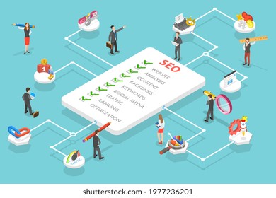 3D Isometric Flat Vector Conceptual Illustration of SEO, Search Engine Ranking, Website Optimization Marketing.