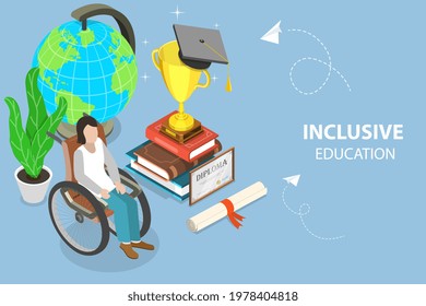 3D Isometric Flat Vector Conceptual Illustration of Inclusion in Education, Studying Disabled Children in General Schools