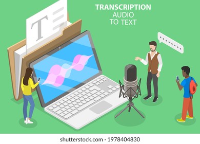 3D Isometric Flat Vector Conceptual Illustration Of Transcription Audio To Text, Automatic Speech Recognition