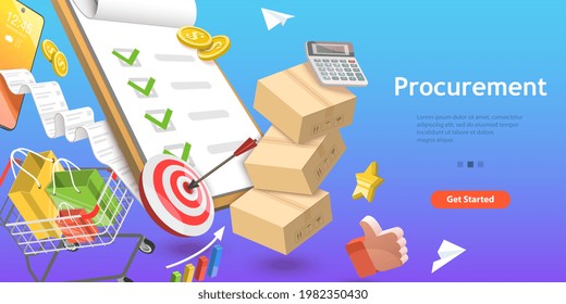 3D Isometric Flat Vector Conceptual Illustration Of Procurement, Process Of Finding And Agreeing To Terms, Purchasing Goods Or Services