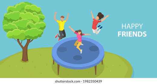 3D Isometric Flat Vector Conceptual Illustration of Happy Friends Activities and Entertainment, Company Holiday Party