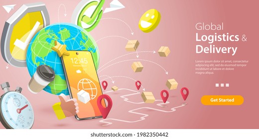 3D Isometric Flat Vector Conceptual Illustration of Global Logistic and Delivery, Cargo Tracking System