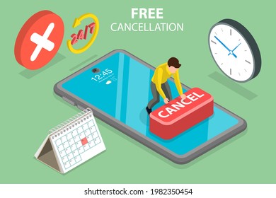 3D Isometric Flat Vector Conceptual Illustration of Free Cancellation, Cancel Reservation or Subscription