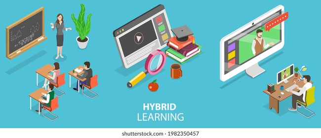 3D Isometric Flat Vector Conceptual Illustration of Hybrid or Blended Learning, Combining Online Education with Traditional Place-based Classroom Methods