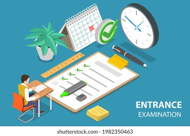 3D Isometric Flat Vector Conceptual Illustration of Entrance Examination, Aassessment and Evaluation of Educational Institutions