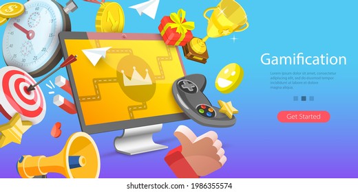 3D Isometric Flat Vector Conceptual Illustration of Online Gamification Campaign, Creating Interactive Content for Engaging Customers svg