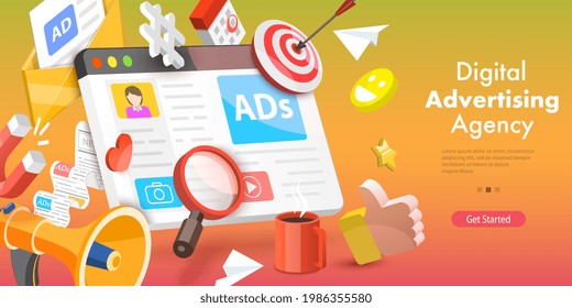 3D Isometric Flat Vector Conceptual Illustration of Digital Marketing and Online Advertising Agency, Ads Promotional Campaign