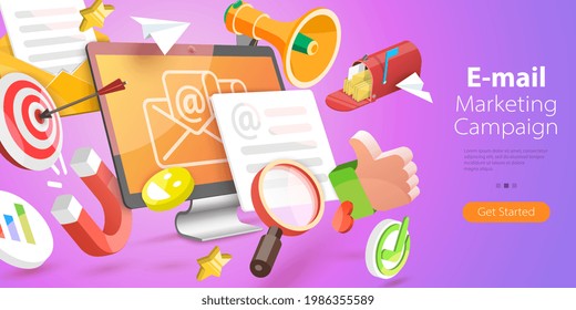 3D Isometric Flat Vector Conceptual Illustration Of Email Marketing Digital Campaign, Online Promotion And Direct Mail Advertising Strategy