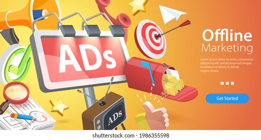 3D Isometric Flat Vector Conceptual Illustration Of Offline Marketing Strategy, TV, Newspaper, Phone And Billboard Advertising