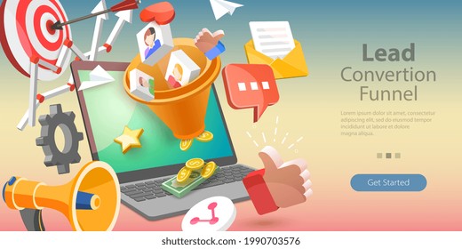 3D Isometric Flat Vector Conceptual Illustration of Lead Covertion Funnel, Increasing Conversion Rate Marketing Strategy