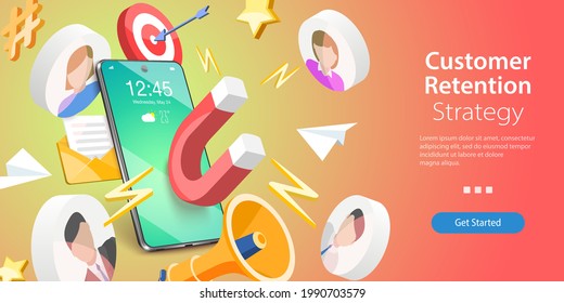 3D Isometric Flat Vector Conceptual Illustration of Customer Retention Strategy, New Client Attraction Marketing Campaign