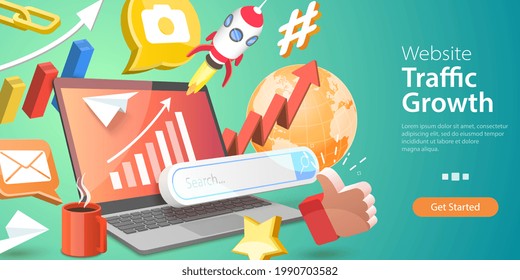 3D Isometric Flat Vector Conceptual Illustration of Website Traffic Growth, Increasing Customers Visits