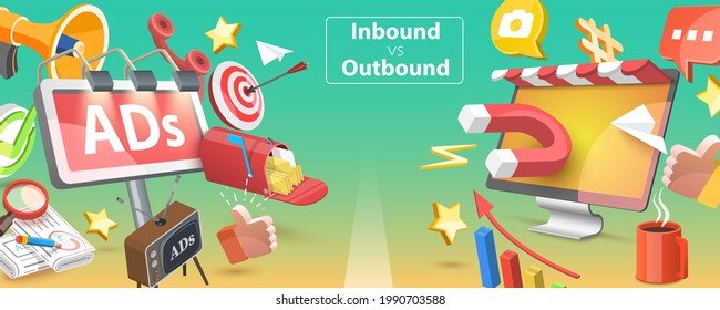 3D Isometric Flat Vector Conceptual Illustration of Inbound vs Outbound Marketing, Pros and Cons of Online and Offline Marketing