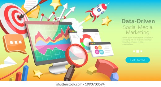 3D Isometric Flat Vector Conceptual Illustration of Data-driven Marketing Strategy, Consumer Behaviour and Marketing Trends Analysis